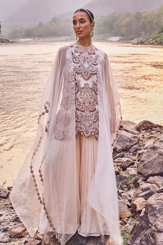 Ridhima Bhasin Zuva Fiore Embroidered Attached Cape Kurta With Sharara 