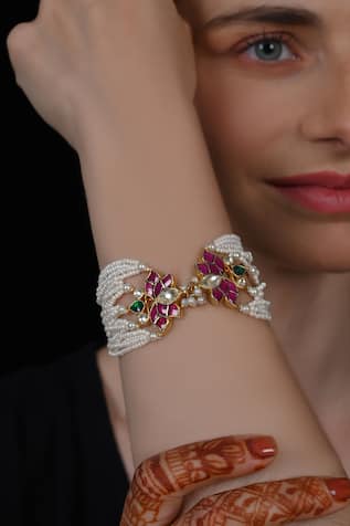 Shlok Jewels Lotus Motif Pearl & Kundan Bracelet 
