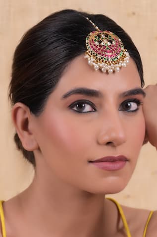 Shlok Jewels Multi Color Pearl Kundan Maangtikka 