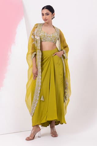 MEHAK SHARMA Solid Draped Skirt Set With Cape 