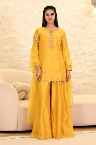 Hasrat By Salma Chanderi Zardosi Embroidered Short Kurta & Sharara Set 