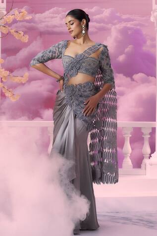 Label Ankush Jain Cutwork Pallu Pre-Draped Mermaid Saree With Blouse 