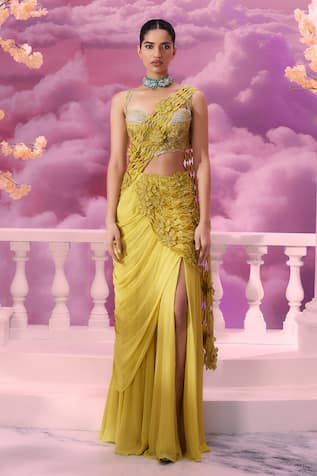 Label Ankush Jain Florence Jaali Cutwork Embroidered Pre-Draped Saree With Corset Blouse 