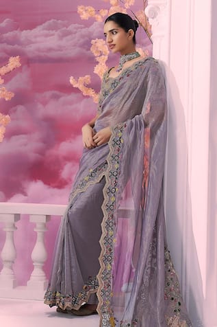 Label Ankush Jain 3D Mahal Dori Embroidered Cutwork Border Saree With Blouse 