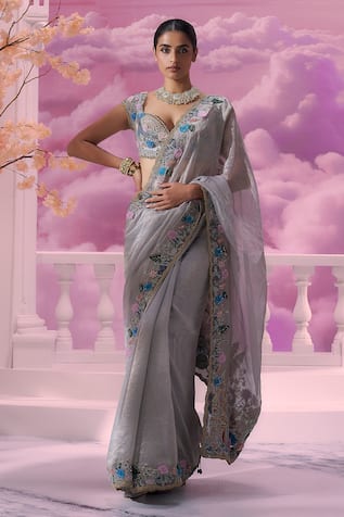 Label Ankush Jain Lotus Bahar Dori Embroidered Cutwork Border Saree With Blouse 