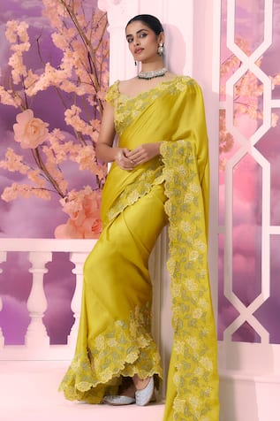 Label Ankush Jain Flora Bahar Dori Embroidered Cutwork Border Saree With Blouse 