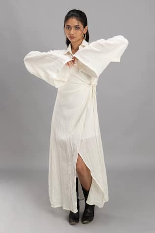 Lavina Sippy White Bell Sleeve Wrap Around Dress 