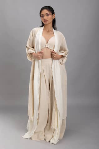 Lavina Sippy Beige Handloom Cotton Long Jacket 