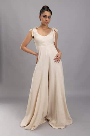 Lavina Sippy Beige Flared Full Length Jumpsuit 