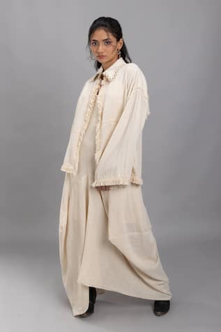 Lavina Sippy Beige Fringed Handloom Cotton Jacket 