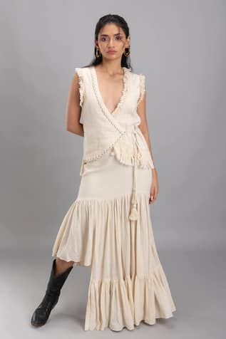 Lavina Sippy Beige Gathered Handloom Cotton Skirt 