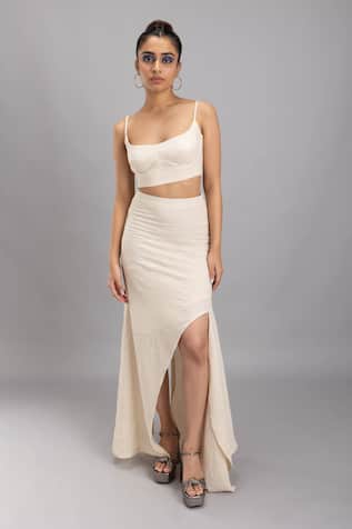 Lavina Sippy Beige A-Line Solid Skirt With Slit 