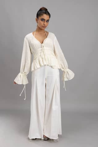 White Balloon Sleeve Peplum Top 