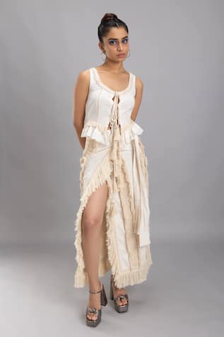 Lavina Sippy Frilly Tassel Crop Top With Tie-Up 