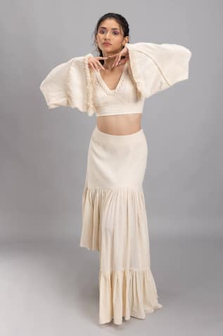 Lavina Sippy Lace Embellished Bell Sleeves Crop Top 