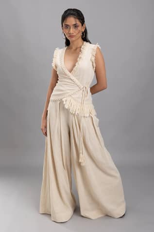 Lavina Sippy Beige Lace Embellished Waistcoat Top 