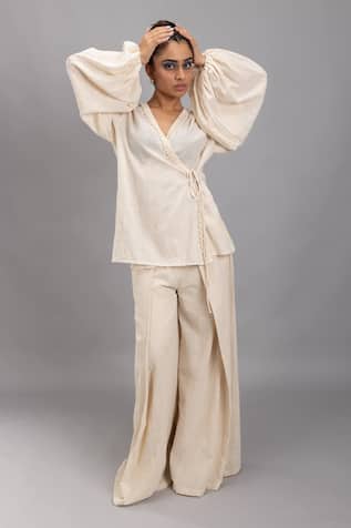 Lavina Sippy Beige Lace Embellished Wrap Top 