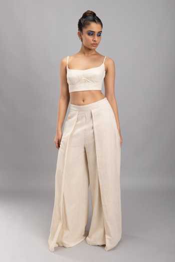 Lavina Sippy Beige Side Box Pleated Wide Legged Pant 