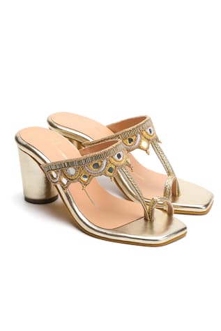 Nidhi Bhandari Gold Mirror Strap Block Heels 