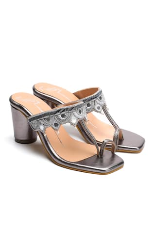 Nidhi Bhandari Gunmetal Silver Embroidered Block Heels 