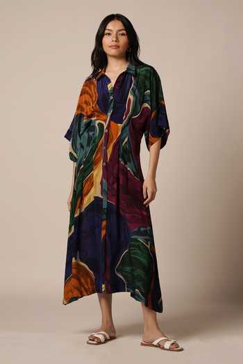 Advait Blue Abstract Print Kimono Dress 