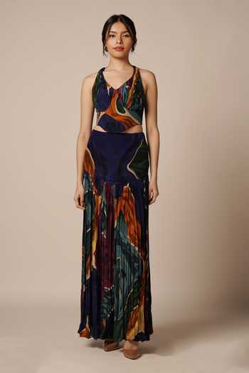 Advait Blue Abstract Print Maxi Skirt 