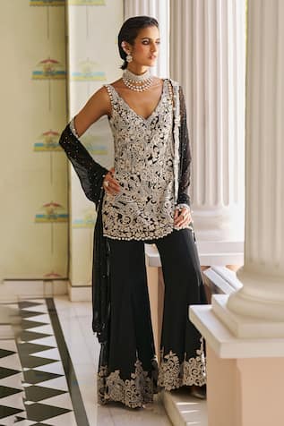 Seema Gujral Thread Pearl Embroidered Kurta Sharara Set 