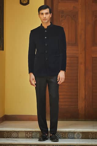 Bohame Black Plain Bandhgala Set With Pant 