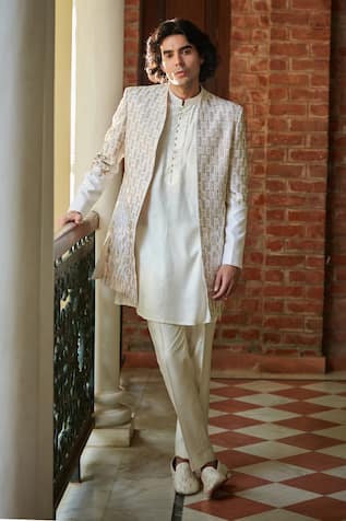 Bohame White Cutdana Embroidered Jacket Kurta Set 
