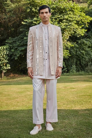 Bohame Peach Mirrorwork Embroidered Jacket Set 