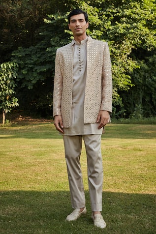 Bohame Beige Mirrorwork Jacket Kurta Set 