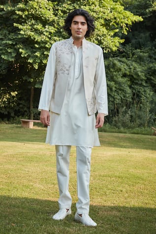 Bohame Mint Green Bead Embroidered Bundi Kurta Set 