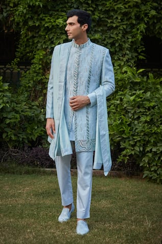 Bohame Geometric Bead Embroidered Sherwani Set 