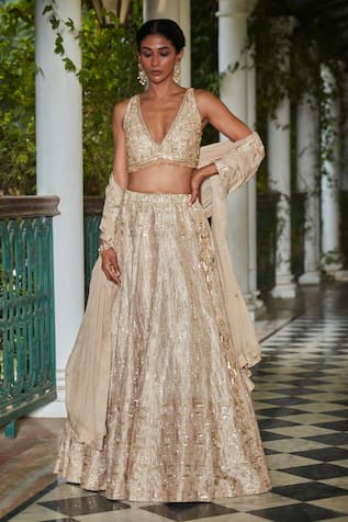 Bohame Beige Cutdana Embroidered Lehenga Set 