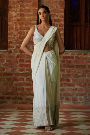 Bohame Geometric Embroidered Pre-Draped Saree Set 