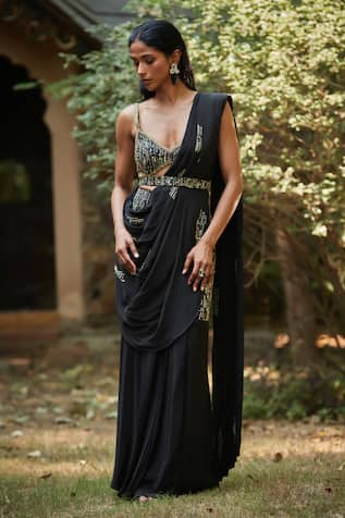 Bohame Black Embroidered Pre-Draped Saree Set 