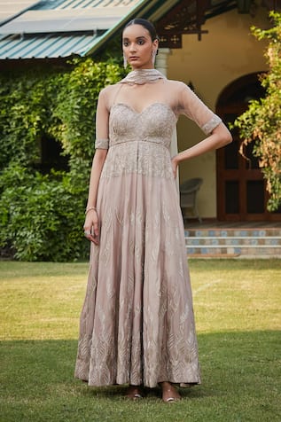 Bohame Gold Geometric Embroidered Anarkali Set 