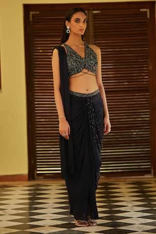 Bohame Blue Embroidered Concept Saree & Blouse 