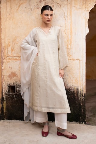 KARAJ JAIPUR Zari Embroidered Straight Kurta & Pant Set 