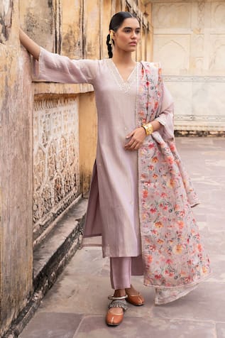 KARAJ JAIPUR Crushed Tissue Embroidered Straight Kurta Set 