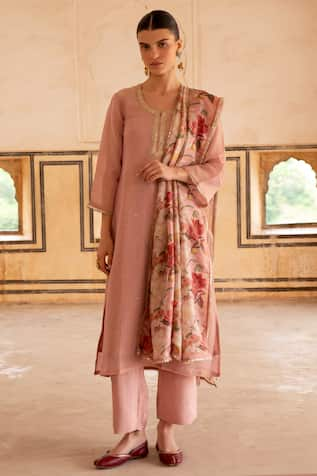 KARAJ JAIPUR Crushed Tissue Zari Embroidered Straight Kurta Set 