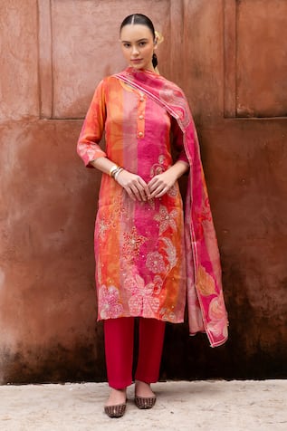 KARAJ JAIPUR Floral Embroidered Straight Kurta & Pant Set 