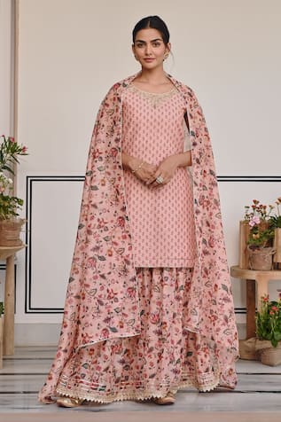 KARAJ JAIPUR Chanderi Floral Print Kurta & Sharara Set 