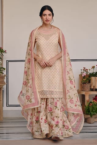 KARAJ JAIPUR Chanderi Floral Print Short Kurta & Sharara Set 