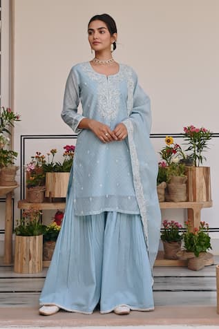 KARAJ JAIPUR Floral Thread Embroidered Short Kurta & Sharara Set 