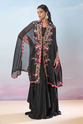 Samyukta Singhania Floral Hand Embroidered Cape With Draped Dhoti Skirt Set 