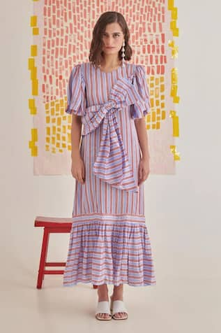 Khajoor Studio Big Bow Stripe Print Dress 