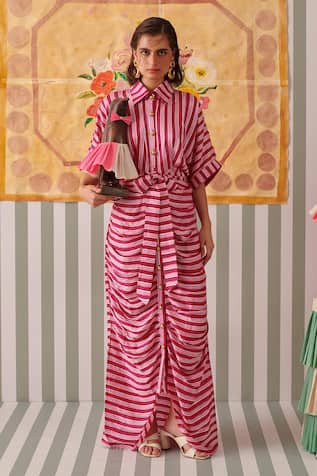 Khajoor Studio Blush Stripe Print Draped Shirt Dress 