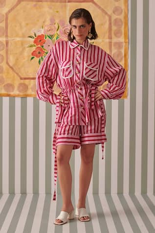 Khajoor Studio Blush Stripe Print Uniform Shirt With Shorts 