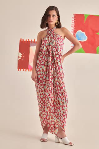 Khajoor Studio Floral Print Halter Neck Draped Dress 